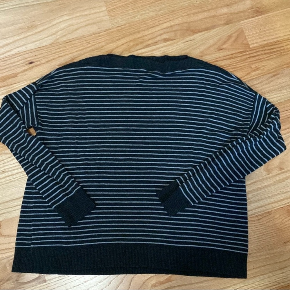 Eileen Fisher Black and Gray Striped, Long-Sleeve Boat Neck Sweater